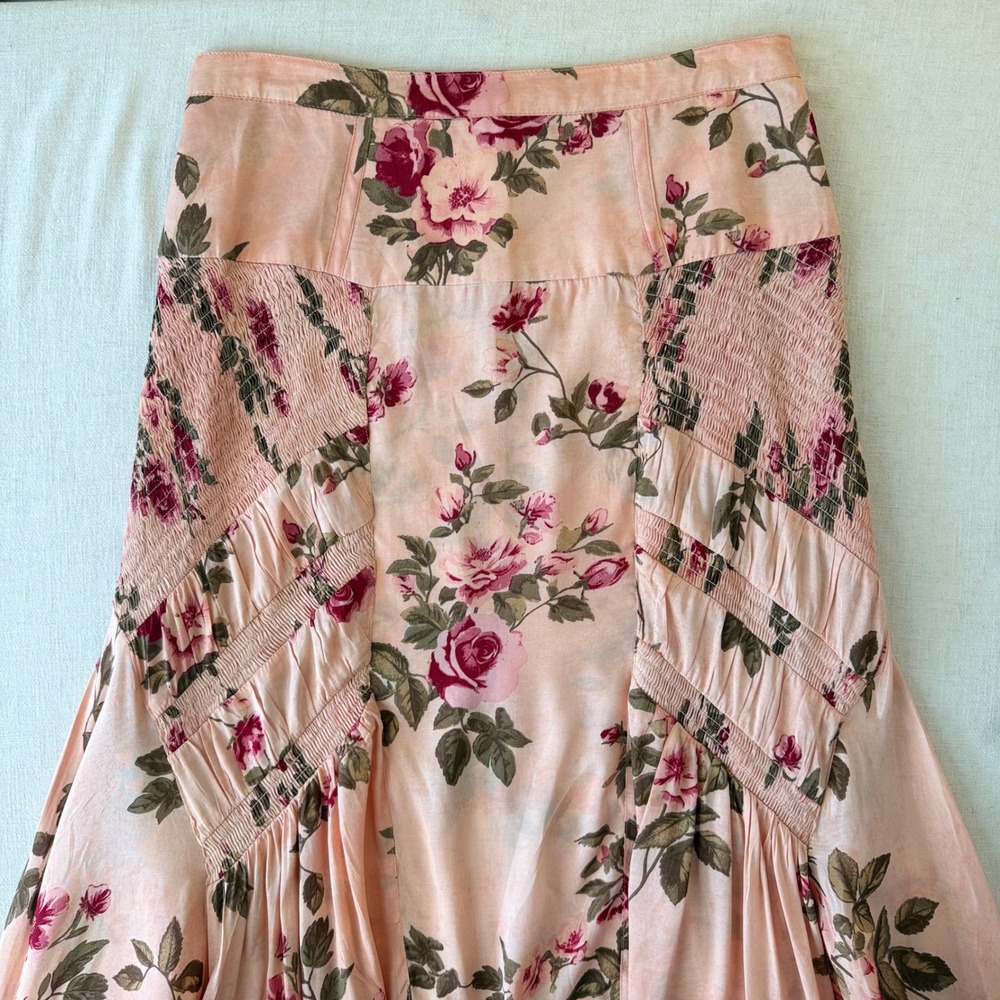 Free People Rowan Maxi Skirt Fairycore 6 Peach Pink Floral Boho Smocked Panel - Picture 12 of 13